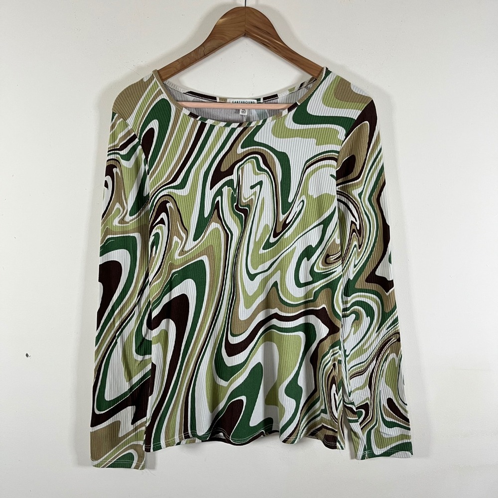 Earthbound Marbled Ribbed Long Sleeve Shirt With Floral Cut Out Detail Size XL